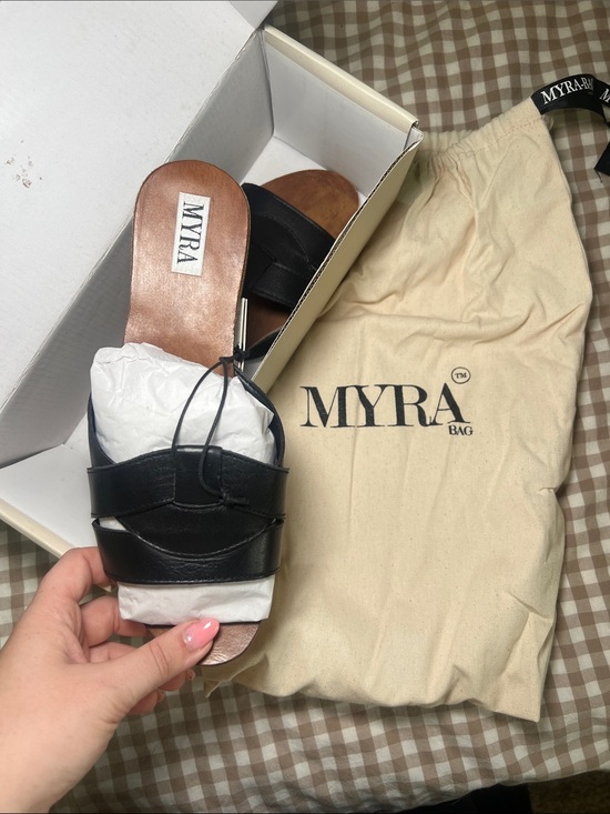 Myra Bag Shoes - Myra Bag Black Leather Slide Sandals with Brown Footbed